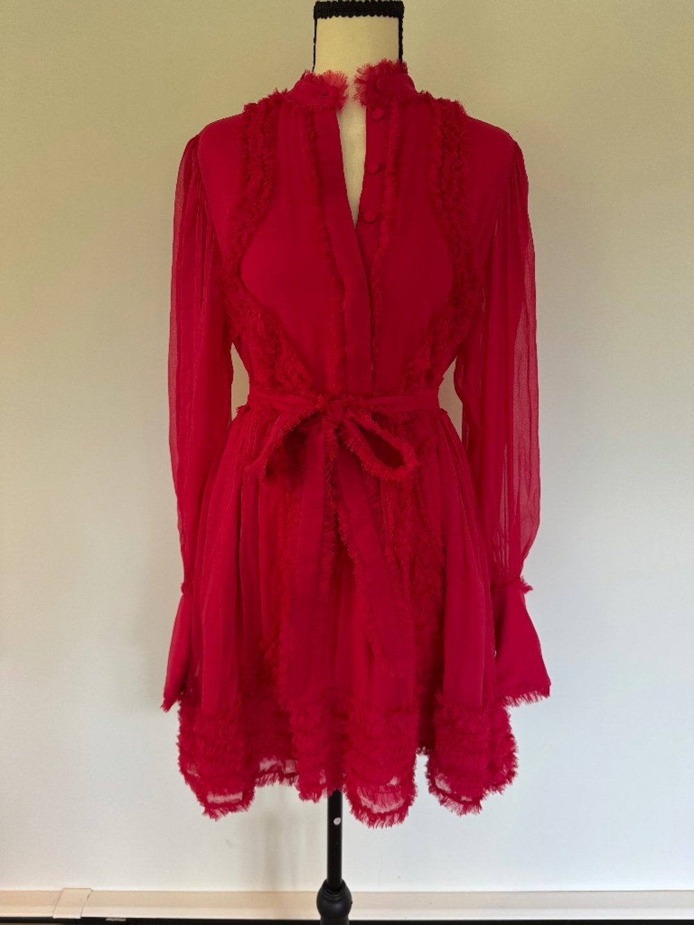 Olinka Ruffle-Trim Puff-Sleeve Silk Shirtdress Small - Azalea Pink